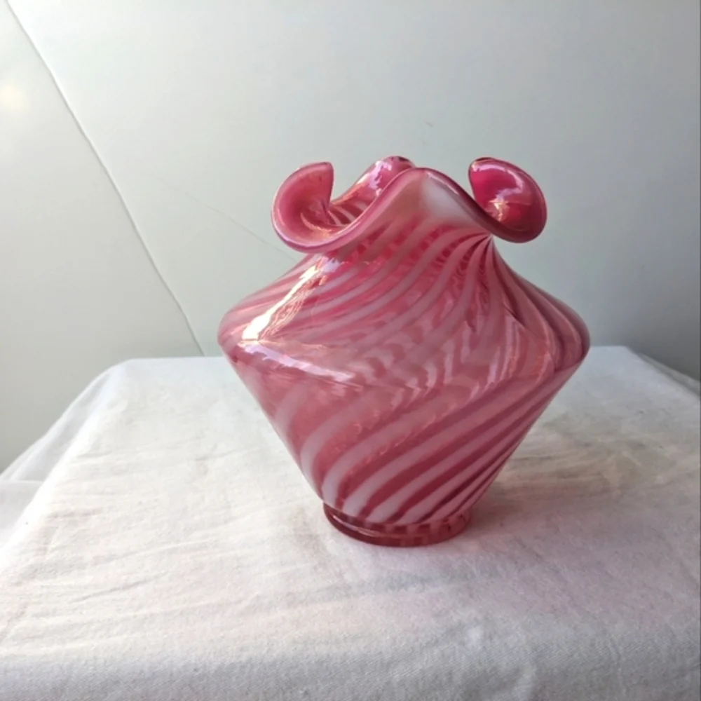 Vintage Cranberry Pink White Candy Cane Handblown Glass Vase Ripple Lip